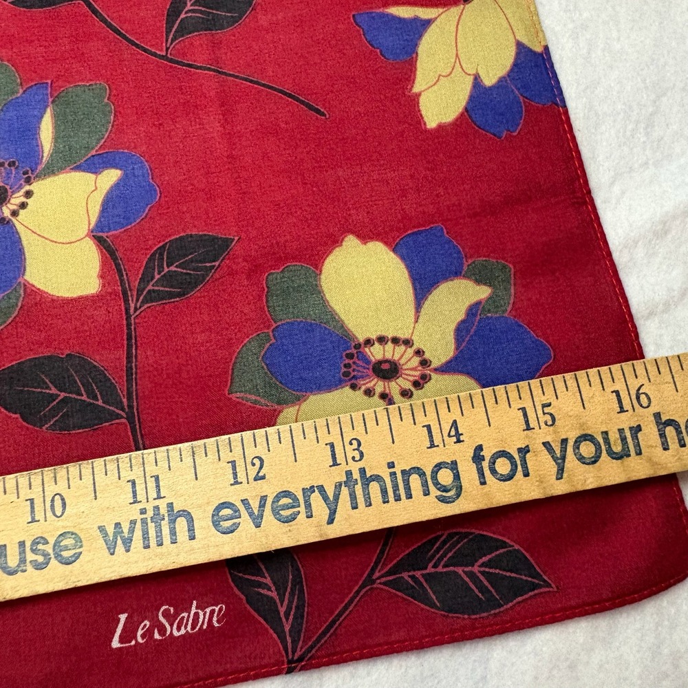 Vtg LE SABRE Scarf Handkerchief Floral Blossom Botanical Red Yellow Blue 16" - Picture 3 of 3